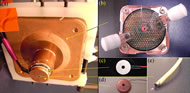 This photograph shows the three major components of the indenter head. (a) whole system (b) water block (c) Peltier module (d) thermistor (e) LDF probe. 